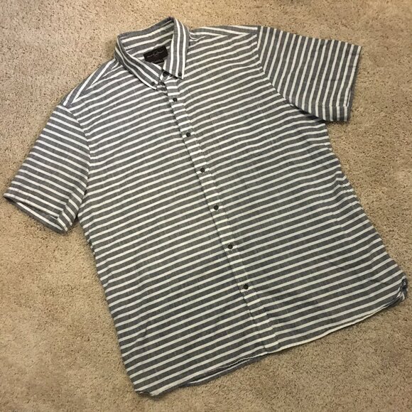 Black Brown 1826 Burton Grey and White Striped Button Down Casual Shirt - Picture 12 of 16